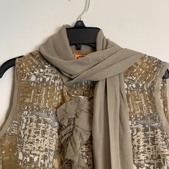 Tory Burch Green Brown Grey Ruffle Button Down Tie Neck Sleeveless Top Silk 0 - Picture 2 of 5